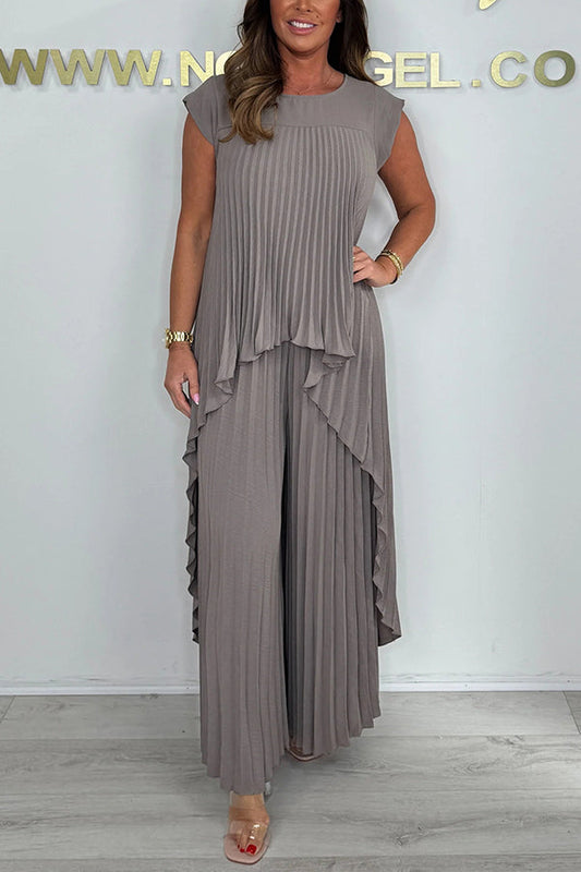 🔥Limited discount!🔥Laney Pleated Short Sleeve Irregular Midi Top and Elastic Waist Wide Leg Pants Set