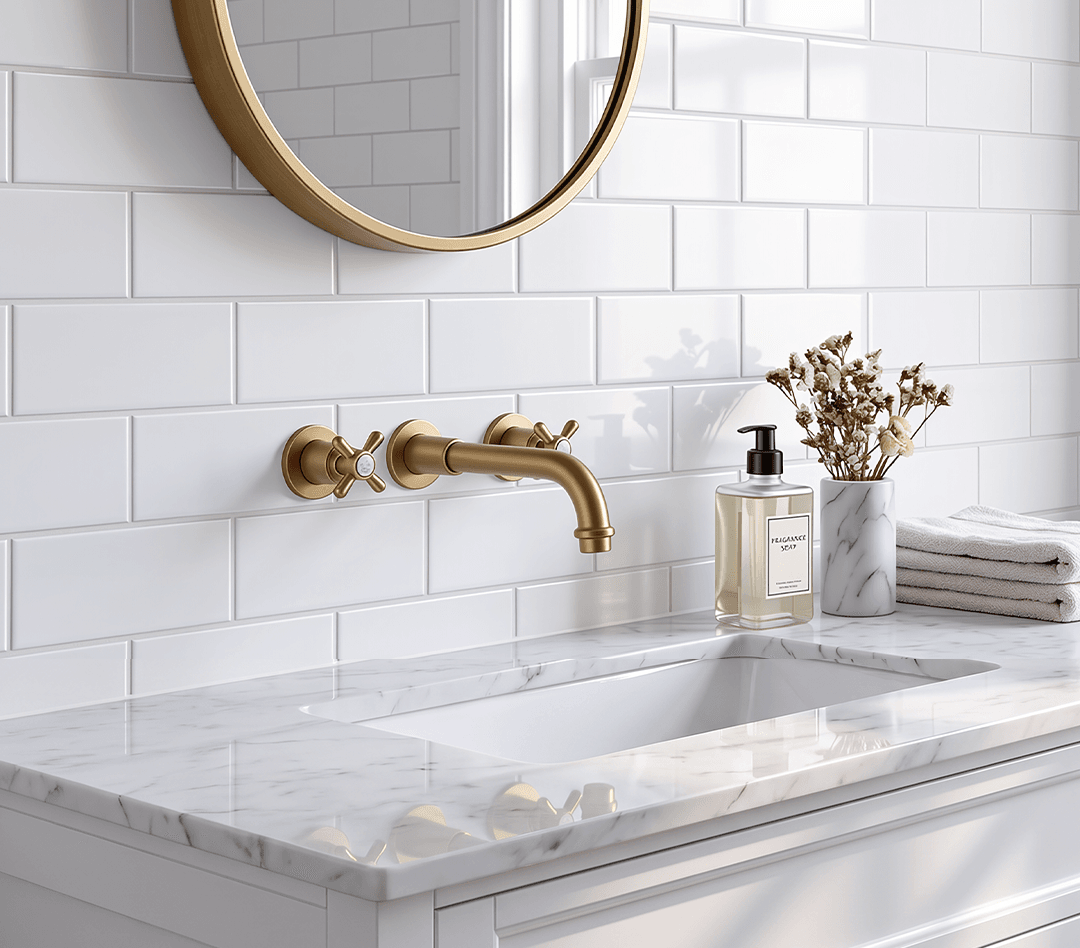 Original seller bathroom wall tile and grout application scene around sink
