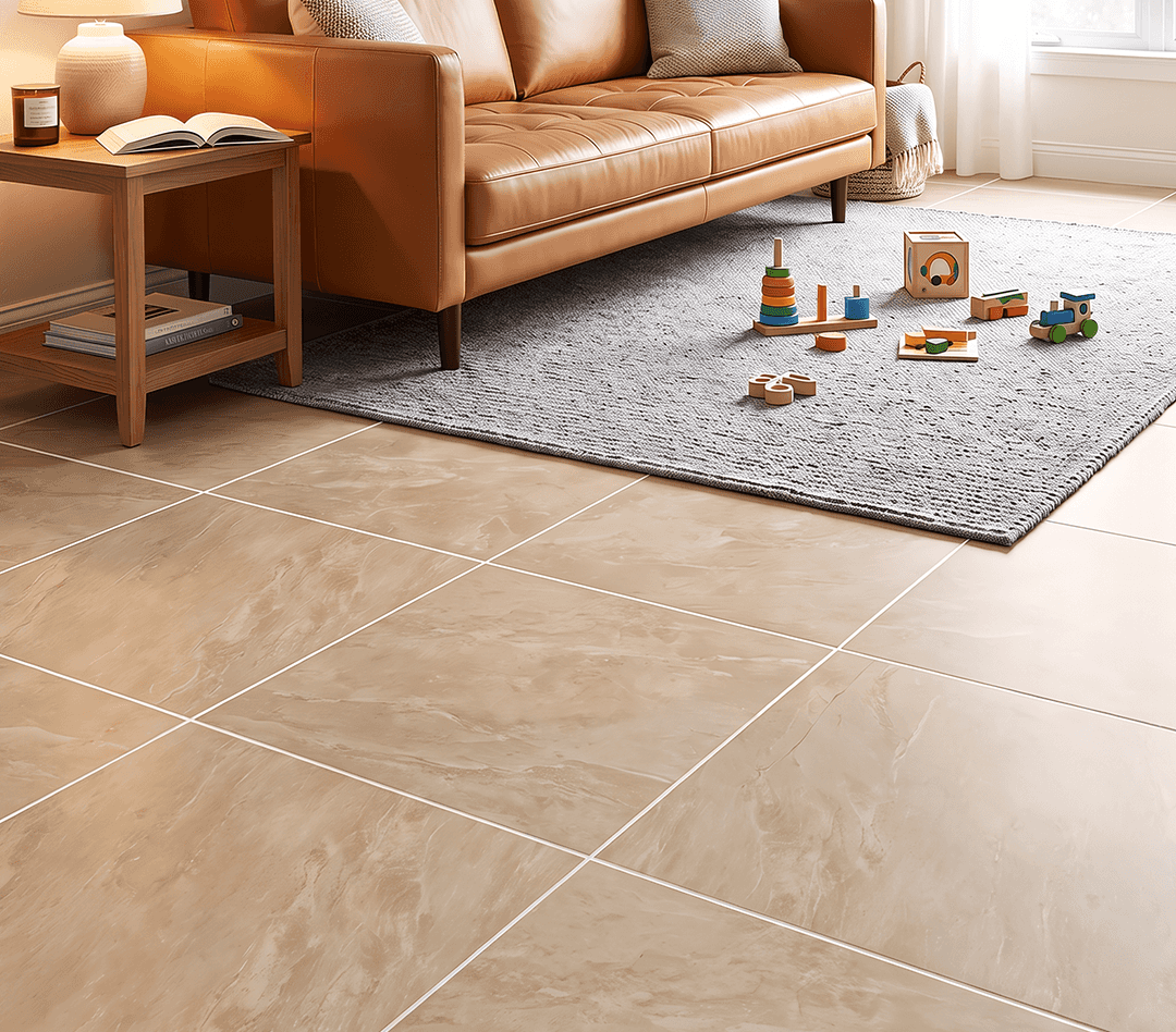 Original seller living room tiled floor with visible grout lines for maintenance