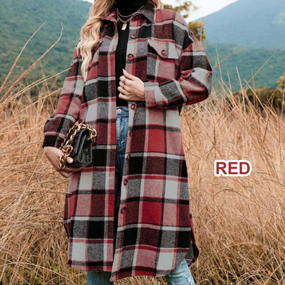 🔥HOT SALE🔥Women's Plaid Print Long Sleeve Warm Tweed Coat