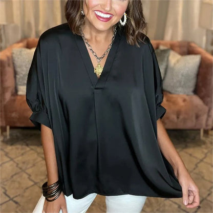 🔥Classic women's blouse in silk satin with a V-neckline and short sleeves