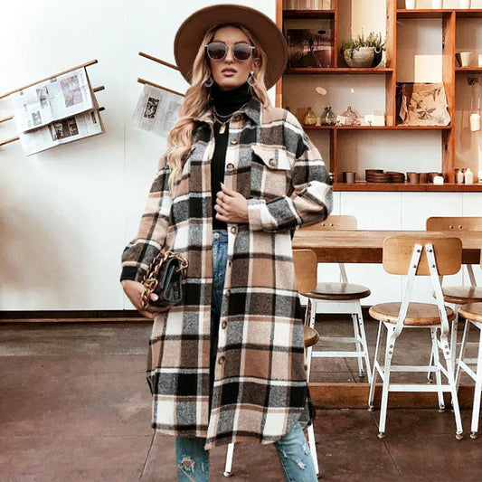 🔥HOT SALE🔥Women's Plaid Print Long Sleeve Warm Tweed Coat