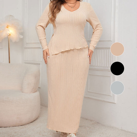 Women's Elegant Irregular Hem Long Sleeve and Wrap-hip Skirt Suit