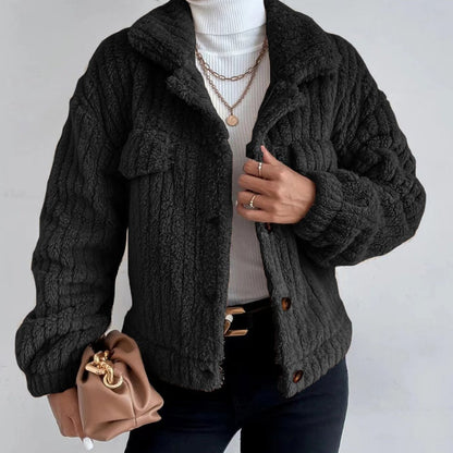 Women's Lapel Button-Down Warm Fuzzy Cropped Coat