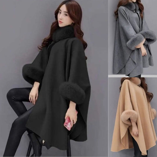 💖Best Gift💖  Elegant Solid Color Faux Fur Collar Loose Poncho Coat