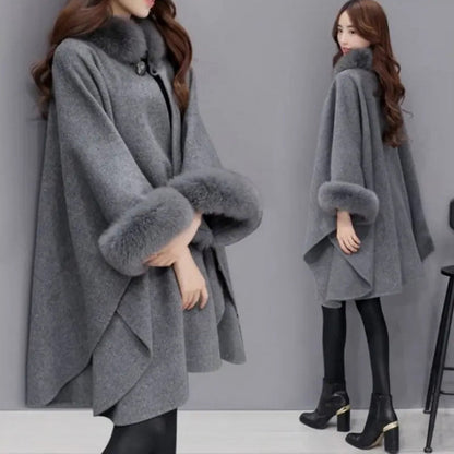 💖Best Gift💖  Elegant Solid Color Faux Fur Collar Loose Poncho Coat