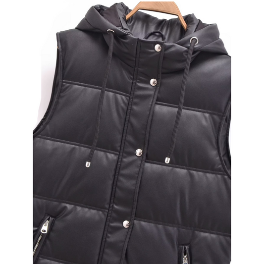 Warm PU Leather Long Hooded Vest