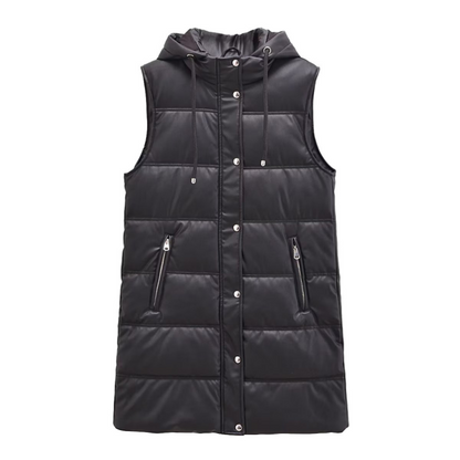 Warm PU Leather Long Hooded Vest