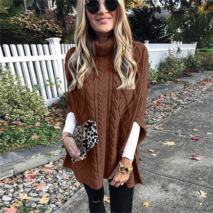 Women's Turtleneck Poncho Sweater with Cable Knit