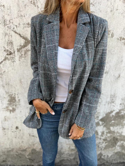 🔥Hot Sale 50% off🔥 Fall Lapel Collar Slim Button Plaid Small Suit For Women