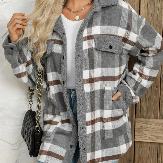 Women’s Casual Sherpa Plaid Long-sleeve Button-down Coat