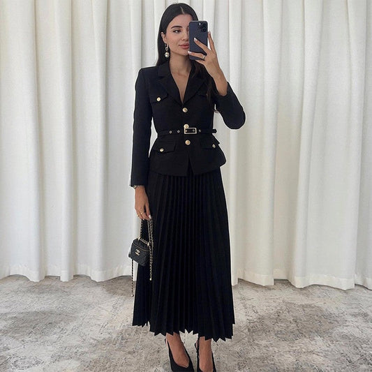 ✨New Arrival✨Women's Lapel Blazer & Pleated Maxi Skirt 2-Piece Set with Matching Belt