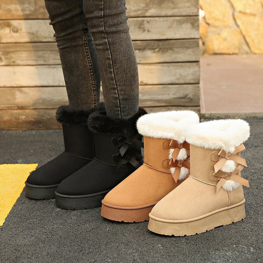 🎅Christmas Specials 50% OFF🎁 Women's Plush Bowtie Classic Platform Snow Boots