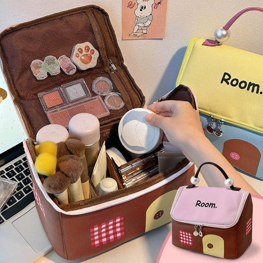 Large Capacity Color-Block Cartoon House-Shaped Handheld Cosmetic Bag