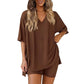 PRETTYGARDEN Crewneck Two-Piece Set For Women Summer Casual Oversized Split Hem Shirts & Side Pocket Biker Shorts Minimalist Lounge Wear Soft Viscose Fabric Comfy Homewear Cozy Pjs