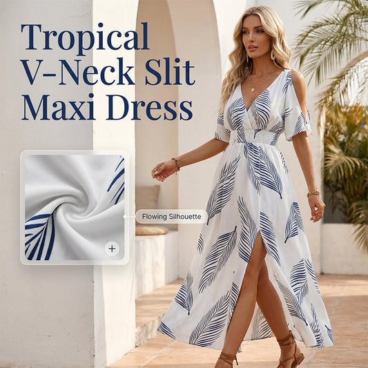 👗 50% OFF NOW! 🌞Cold Shoulder Tropical Print Split Maxi Dress