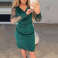 Women's V-Neck Glitter Dress with Sheer Sleeves