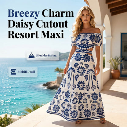 🌸 50% OFF NOW! 🌸Women’s Off-the-Shoulder Waist Cutout Daisy Printed Resort Dress