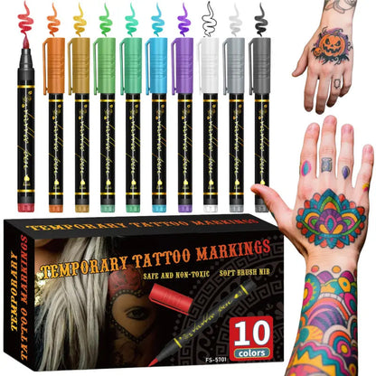 ⏳ Time-Limited Special ⏰🎨10-Color Temporary Tattoo Markers Set – Safe Body Art Pens for Creative Designs ✨